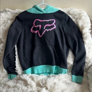 Fox Black Hoodie with Teal Trim and Pink Logo - Kids Sweatshirt